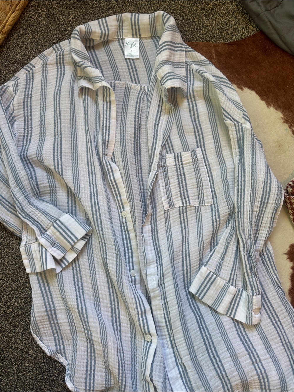 Lightweight Blue & White Striped Button-Up Shirt Coverup